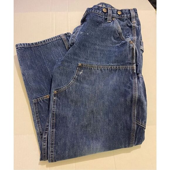 Distressed Carhartt Double knee Blue Denim Pants  Relaxed Fit Rugged Flex Utilit - Picture 1 of 16